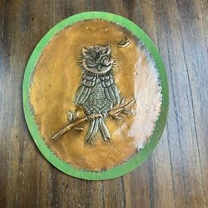 Vintage Owl Wall Hanging Green Bronze Moon Oval Decor